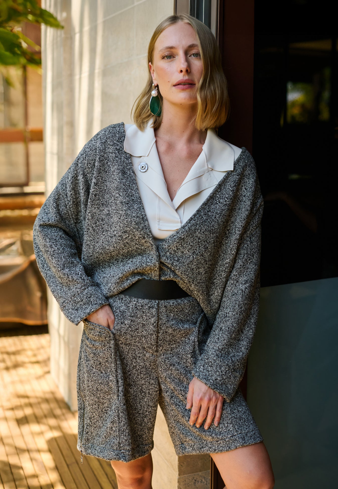 Bermuda Tweed Cós Couro
