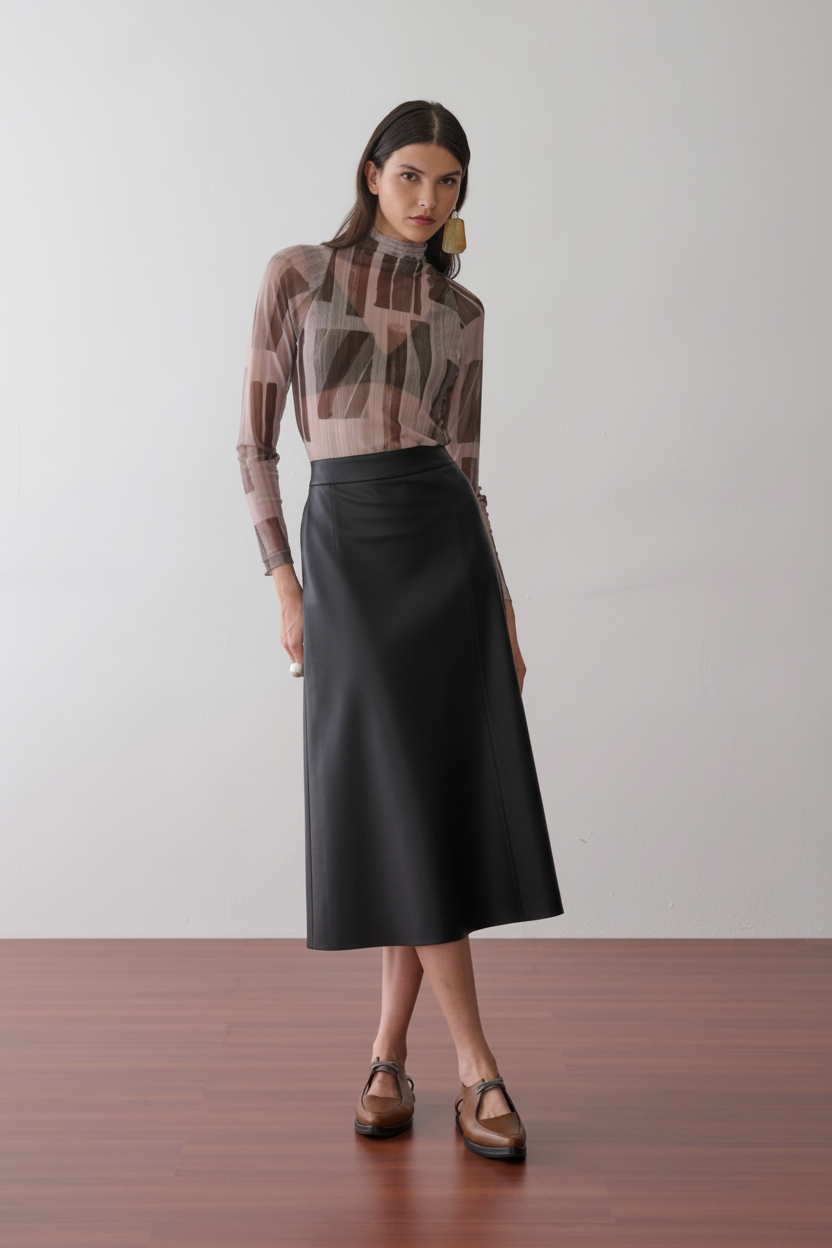 Modelo veste uma blusa de tule transparente com gola alta e estampa geométrica em tons de marrom e nude, combinada com saia midi preta de acabamento acetinado e sapatos marrons de bico fino.