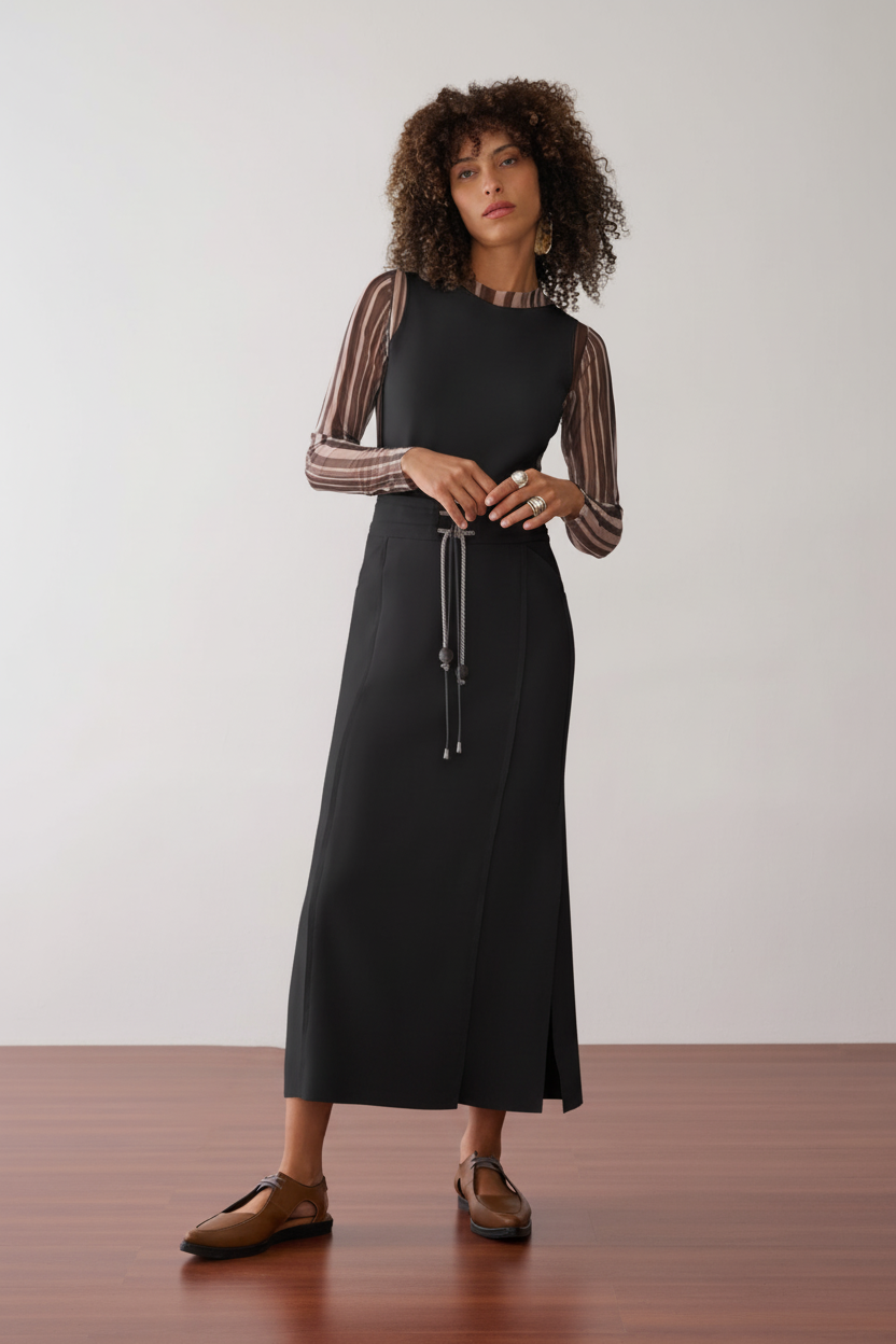 Modelo veste uma blusa preta com mangas longas de tule, combinada com uma saia midi de mesma cor que apresenta fenda lateral, cordão bicolor com ponteiras, recortes nas laterais e sapatos marrons de bico fino.